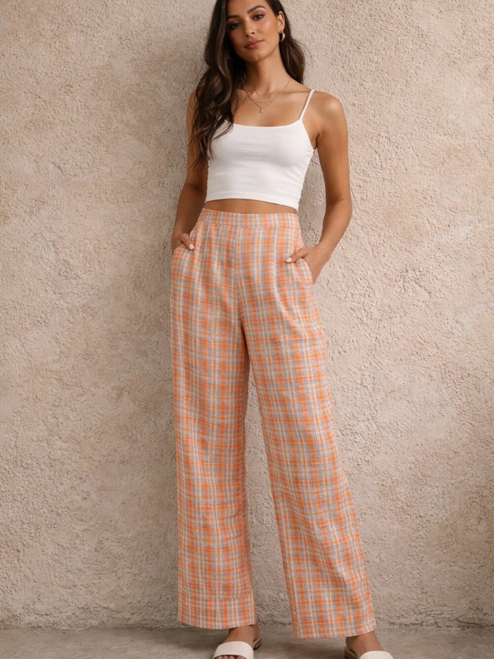 Vrg Grl Orange Plaid Wide-Leg Pants Size 10